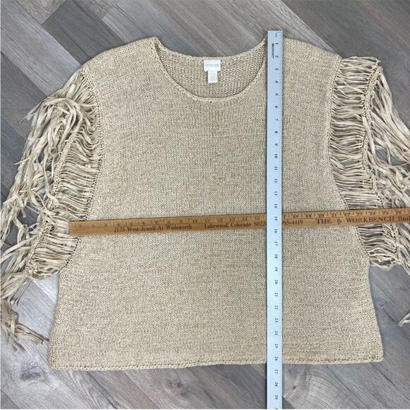 Chico’s Boho Western Tarrin Tape Yarn Fringe Poncho Sweater Taupe Tan Large XL - Picture 11 of 11